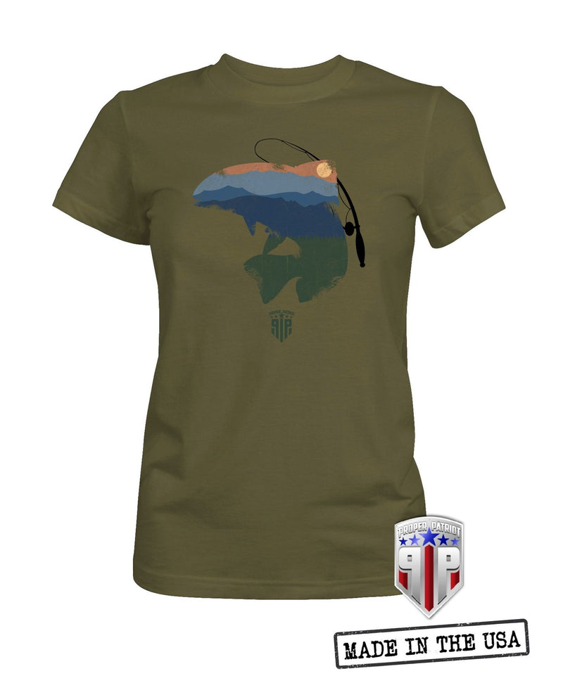 Trout Fishing Shirt - Mountain Sunset Shirt - Great Outdoors Shirts - Women's Patriotic Shirts - Proper Patriot