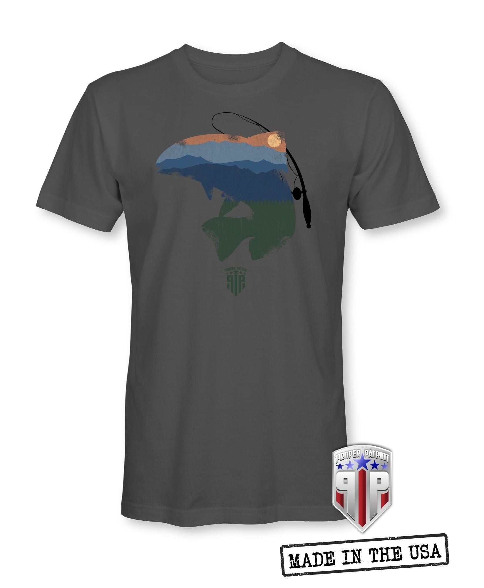 Trout Fishing Shirt - Mountain Sunset - Great Outdoors - Patriotic Shirts for Men - Proper Patriot