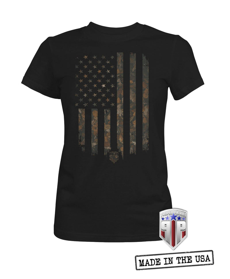 Camo Fall Leaves Flag - American Spirit Apparel - USA Shirts - Women's Patriotic Shirts - Proper Patriot