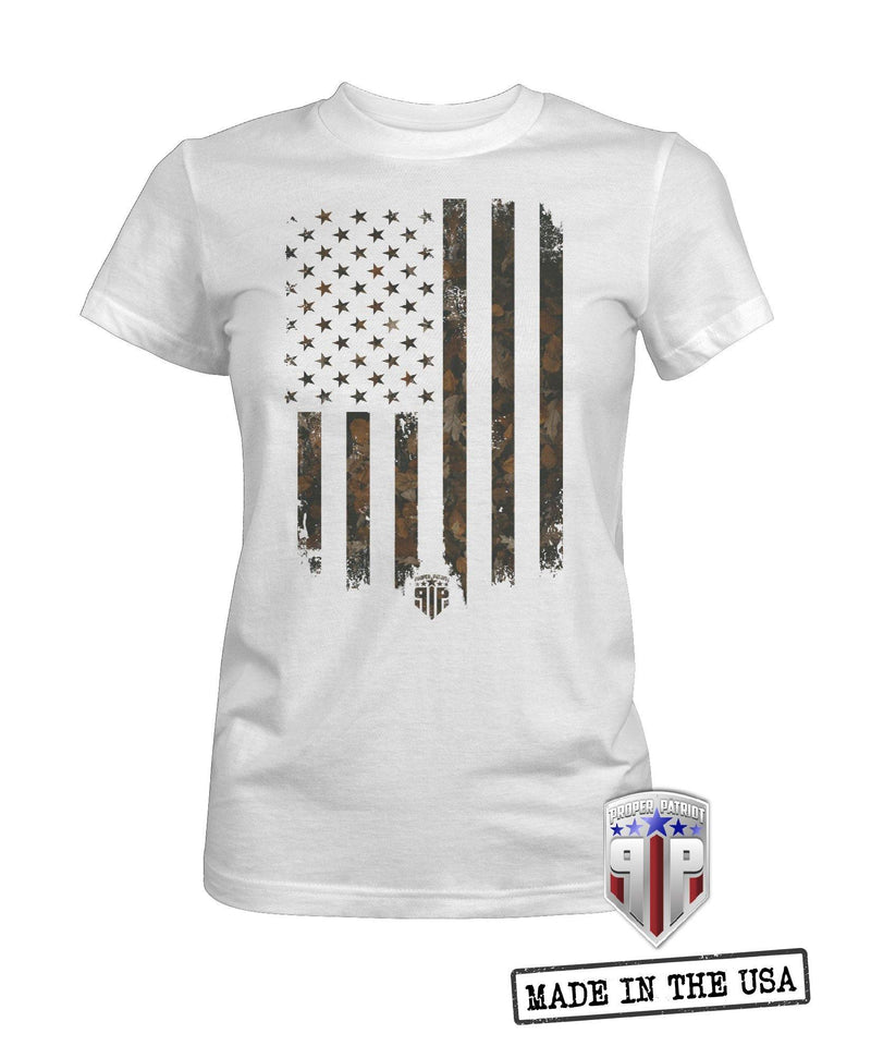 Camo Fall Leaves Flag - American Spirit Apparel - USA Shirts - Women's Patriotic Shirts - Proper Patriot