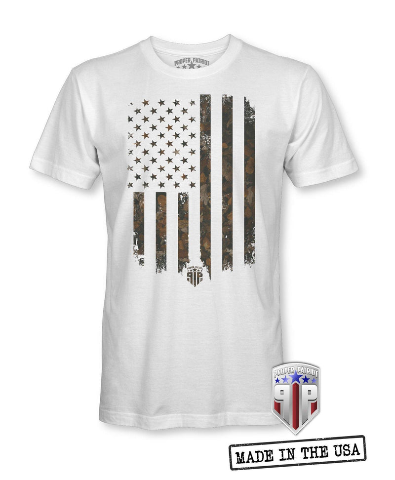 Camo Fall Leaves Flag - American Spirit Apparel - USA Shirts - Patriotic Shirts for Men - Proper Patriot